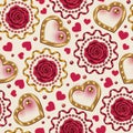 Valentines day seamless background with hearts, rose flowers, spiral ribbon Royalty Free Stock Photo