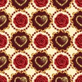 Valentines day seamless geometric background with gold heart, ribbons, beads