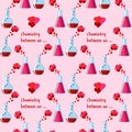 Valentines day seamless pattern with chemical beakers with love elixir, text chemistry between us