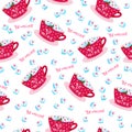 Valentine`s day seamless pattern with cups, hearts and small pieces of sugar