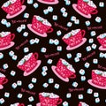 Valentines day seamless pattern with cups, hearts and small pieces of sugar