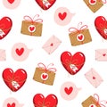 Valentines day seamless pattern with hearts, letters. Valentines day cards, gift box pattern, stickers, wallpaper