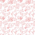 Valentines day seamless pattern. Love, romance flat line icons - hearts, chocolate, kiss, Cupid, doves, valentine card