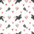 Valentines day seamless pattern with pink and red hearts, candies, cupids, diamonds and birds. Vector illustration Royalty Free Stock Photo