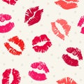 Valentines Day. Seamless pattern with red lipsticks kiss