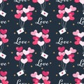 Valentines Day seamless pattern of balloons in a heart shape hanging envelope floating and Love text. Royalty Free Stock Photo