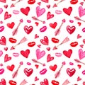 Valentines day seamless pattern with watercolor hearts, lips, arrows on white background. hand painted romantic print for holiday