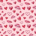Valentines day seamless pattern with watercolor hearts, women red and pink lips, isolated on white background. Hand painted