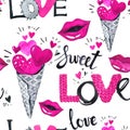 Valentines Day seamless pattern. Watercolor ice crean with hearts, love words and lips. Royalty Free Stock Photo