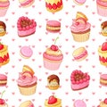 Valentines Day seamless vector pattern with various desserts and hearts.