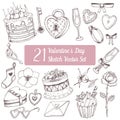 Valentines day set. Cake, cupcake, rose, heart, ring, heartshaped box, glasses, love symbol, lock, key. Sketch vector hand drawn i Royalty Free Stock Photo