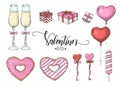 Valentines Day set with colorful hand drawn objects in sketch style-lollipop  glazed donut  glass of champagne  gift boxes ballons Royalty Free Stock Photo