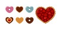 Valentines Day. Set of heart-shaped cookies, donuts and waffles with strawberries and chocolate