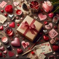 Valentines Day Setup with Gift Box and a Collection of Mixed Hearts. Generative ai for illustrations