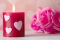 Valentines Day still life with  candle, and pink roses. Romantic Concept on pink soft background Royalty Free Stock Photo