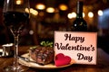 Valentines Day luxurious dinner of steak and wine in restaurant pragma