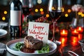 Valentines Day luxurious dinner of steak and wine in restaurant pragma