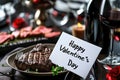 Valentines Day luxurious dinner of steak and wine in restaurant pragma