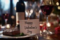 Valentines Day luxurious dinner of steak and wine in restaurant pragma