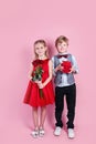 Valentines day surprise. Little boy in love giving cute girl red rose Royalty Free Stock Photo