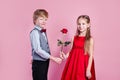 Valentines day surprise. Little boy in love giving cute girl red rose Royalty Free Stock Photo