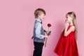 Valentines day surprise. Little boy in love giving cute girl red rose Royalty Free Stock Photo