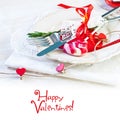 Valentines day table setting with plate, knife, fork, red ribbon Royalty Free Stock Photo