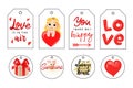 Valentines Day tags and Labels Set of Romantic Love Holiday Gifts and Warm Wishes With Happy Girl, Hearts, Red Ribbons