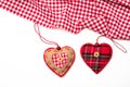 Valentines day. Top view of fabric hearts, white background