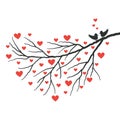 Valentines day tree. Branch with red hearts and a cute pair of birds. Valentine`s day concept Royalty Free Stock Photo