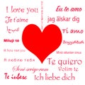 Valentines Day typography card with handwritten calligraphy text in different languages