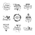 Valentines Day Typography Lettering Logo Set. Design Emblems, Quote Text With Hearts For Decorative Banners, Greeting