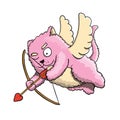 Valentines Day, Valentines Cupid Pink Cat, Flying on the Wings of Love, Aiming at Lover`s Heart with Cupid Arrow on White Backgrou Royalty Free Stock Photo