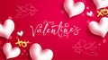 Valentines day vector background design. Happy valentine`s day typography text in red background with hearts and cupid line. Royalty Free Stock Photo