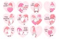 Valentines Day vector cards collection with cute hand drawn gnomes, hearts and letterings isolated on white background. Royalty Free Stock Photo