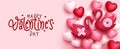 Valentines day vector design. Happy valentine`s day greeting text with swan lovers and hearts element in floating balloon decor. Royalty Free Stock Photo