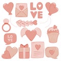 Valentines Day vector element set, love letter, envelope, heart shape, balloon, cake, cupcake, gift, dialog box Royalty Free Stock Photo