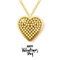 Valentines day vector greeting card. Gold necklace chain with gem heart pendant isolated on white background.