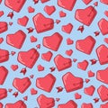 Valentines day seamless pattern with red hearts, arrow, broken heart, many hearts of different sizes