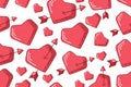 Valentines day seamless pattern with red hearts, arrow, broken heart, many hearts of different sizes