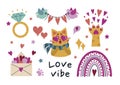 Valentines Day vector set. Romantic collection - cute cat, spring birds, wedding ring, love message, hearts. Bright Royalty Free Stock Photo