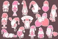 Valentines Day vector stickers collection with cute pink hand drawn gnomes, hearts and decorations isolated on brown background. Royalty Free Stock Photo