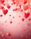 Valentines Day vertical background with pink, red and white heart-shaped balloons of varying sizes