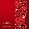 Valentines Day vertical background with shining red hearts and confetti. Holiday card illustration on red background