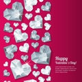 Valentines day vertical red background with 3d silver heart diamonds, gems, jewels.