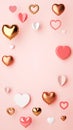 Valentines Day vertical social media story post with different types of hearts on a pink background and copy space in 3D rendering