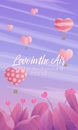 Valentines day vertical vector background with illustration of air ballons in the sky and leaves with hearts flowers in pink and v Royalty Free Stock Photo