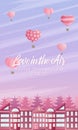 Valentines day vertical vector background with illustration air ballons in the sky with stars and clouds and home with fores on ba