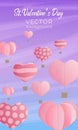 Valentines day vertical vector background with illustration air ballons in the sky with stars and clouds in pink and violet colour Royalty Free Stock Photo