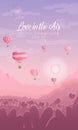 Valentines day vertical vector background with landscape with silhouettes of air ballons in the sky,mountains and forest and town Royalty Free Stock Photo